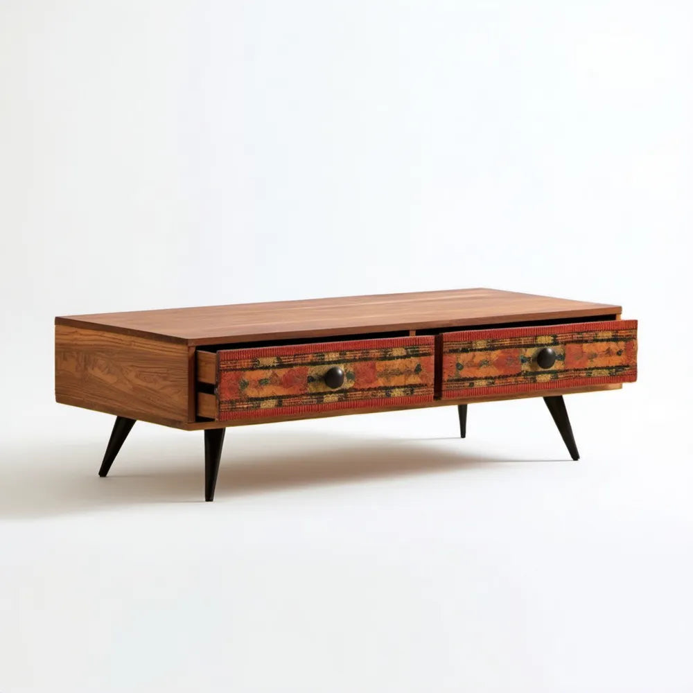 Brązowy stolik kawowy retro z 2 szufladami, 120 × 60 × 45 cm