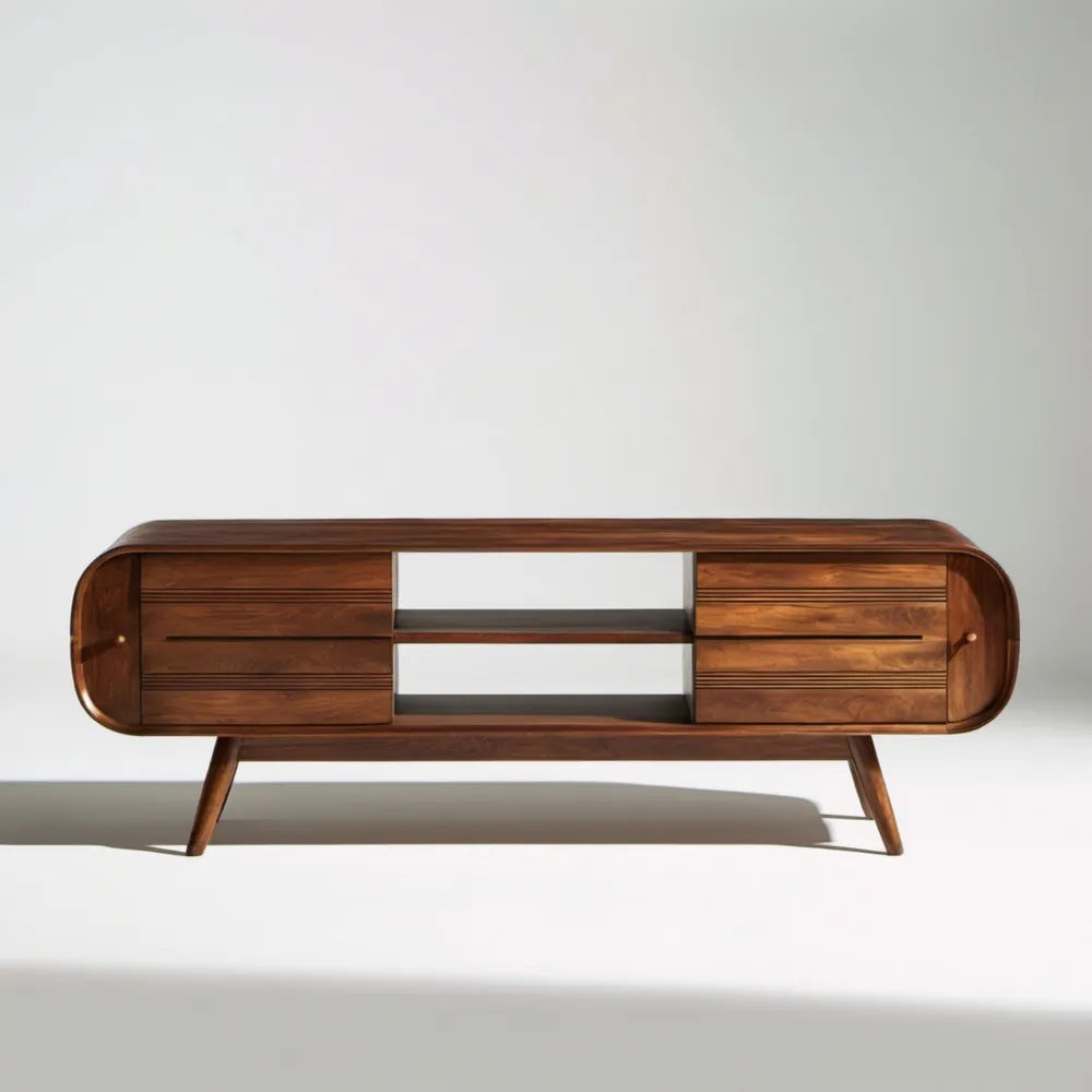 Owalna szafka RTV z fornirem orzechowym, brązowa, 180 × 40 × 55 cm
