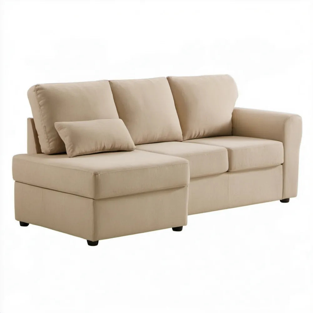 Beżowa trzyosobowa sofa narożna z lewostronnym szezlongiem, 220 x 150 x 85 cm