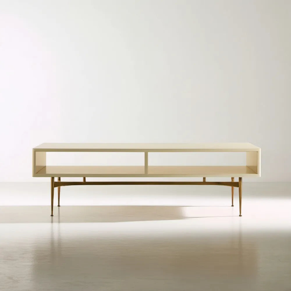 Prostokątny stolik kawowy kremowo-złoty z MDF i stali, 140 x 60 x 45 cm