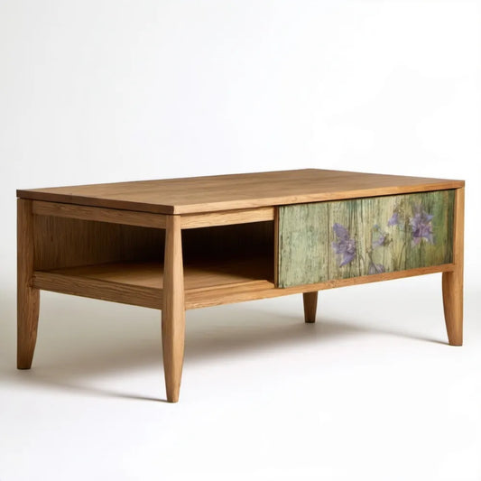 Prostokątny stolik kawowy z litego drewna dębowego 100 x 60 x 45 cm, naturalny dąb, zielono-fioletowy front