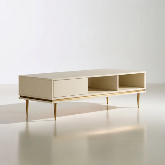 Kremowo-złoty stolik kawowy MDF z szufladą i 2 wnękami, 140 × 60 × 45 cm