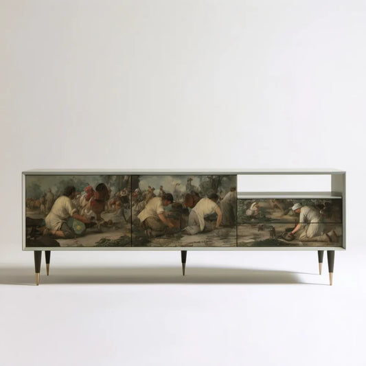 Kremowa szafka RTV vintage z nadrukiem, 180 × 40 × 75 cm