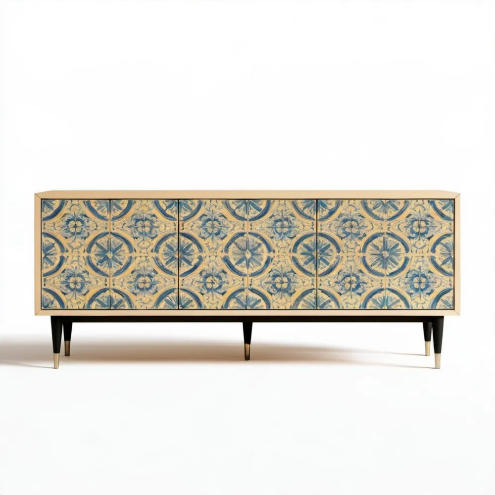 Szafka RTV beżowo-niebieska 180 x 40 x 75 cm z 4 drzwiami