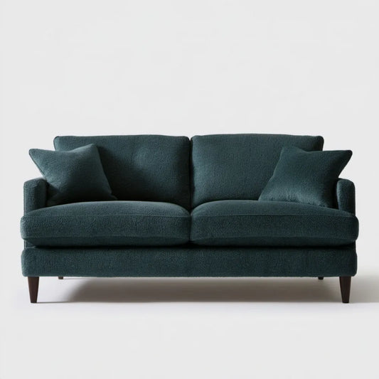Ciemnozielona sofa dwuosobowa bouclé z drewnianymi nogami, 160 x 88 x 85 cm