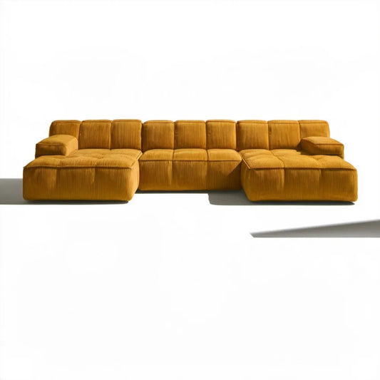 Modułowa sofa 5-osobowa w kształcie U z dwoma szezlongami, musztardowa, 340 × 170 × 78 cm