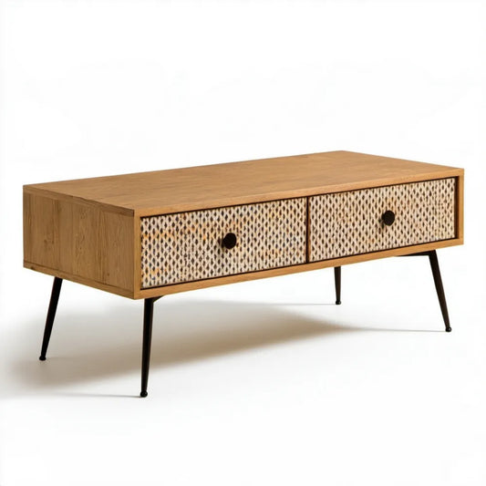 Ława kawowa retro z 2 szufladami, fornir dębowy i rattan, 120 x 60 x 45 cm