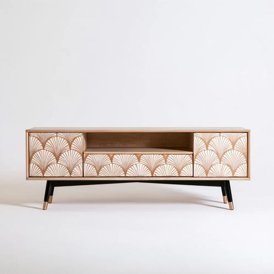 Szafka RTV 160 x 40 x 60 cm z MDF, dąb naturalny, kremowa, czarna i złota