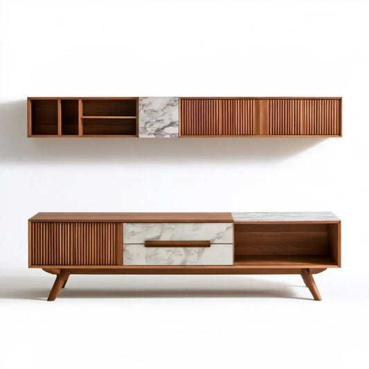 Zestaw mebli RTV z MDF i fornirem orzechowym, brązowy/biały/szary – szafka dolna 180 × 40 × 55 cm, moduł wiszący 180 × 30 × 30 cm