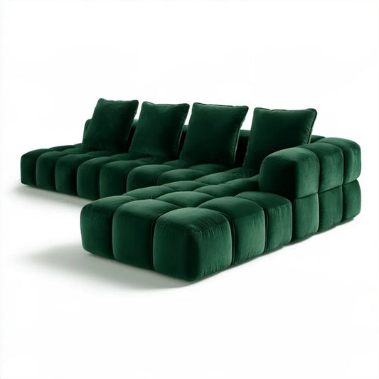 Ciemnozielona sofa narożna w kształcie litery L z szezlongiem, aksamit poliestrowy, 300 x 170 x 75 cm