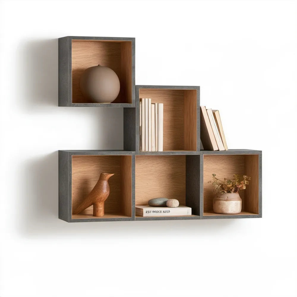 Zestaw 5 kwadratowych półek ściennych MDF, dąb/grafit, 30 × 30 × 15 cm