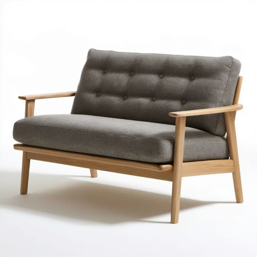 Dwuosobowa sofa skandynawska szara z litego drewna kauczukowego, 120 x 75 x 78 cm