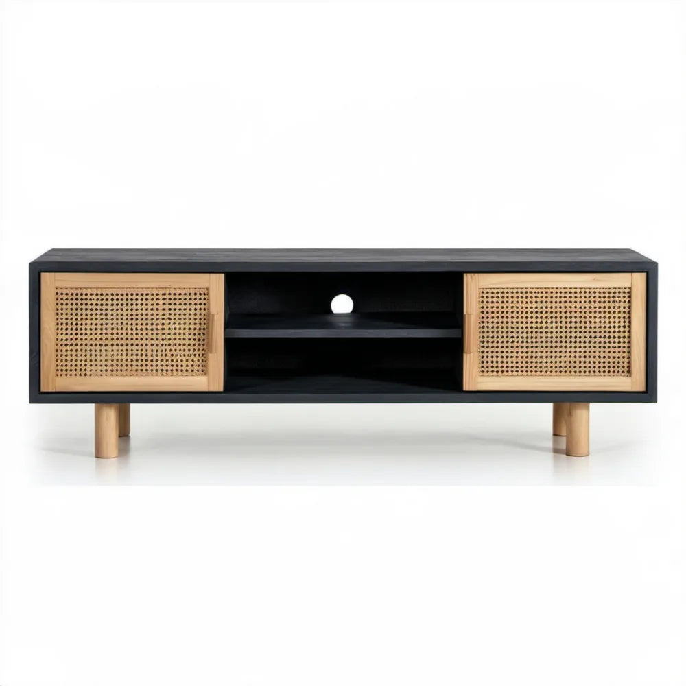 Szafka RTV czarno-naturalna z MDF, drewna kauczukowego i rattanu 140 x 40 x 55 cm