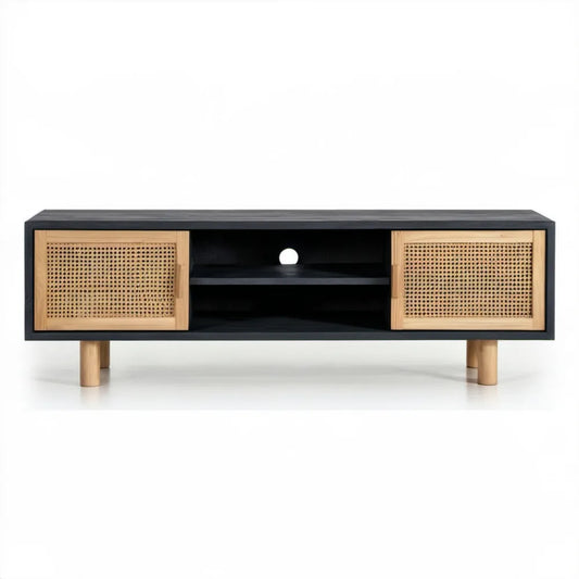 Szafka RTV czarno-naturalna z MDF, drewna kauczukowego i rattanu 140 x 40 x 55 cm