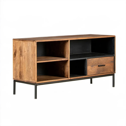 Szafka RTV z litego drewna mango 120 x 40 x 60 cm brązowo-czarna z 3 wnękami i szufladą
