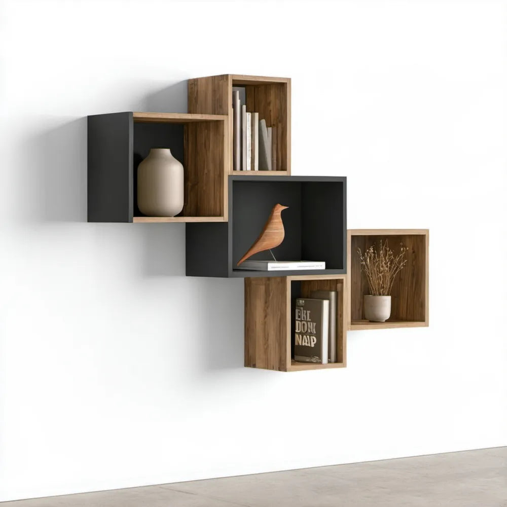 Zestaw 6 modułowych półek ściennych kwadratowych 30 × 30 × 20 cm Orzech/Antracyt