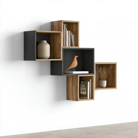 Zestaw 6 modułowych półek ściennych kwadratowych 30 × 30 × 20 cm Orzech/Antracyt