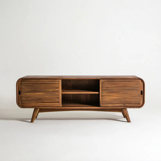 Brązowa bambusowa szafka RTV retro 180 x 40 x 60 cm z przesuwnymi drzwiami