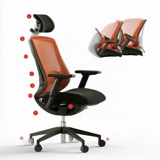 Ergonomiczny fotel biurowy z regulowanym zagłówkiem i podłokietnikami, czarno-pomarańczowy z chromowanymi elementami, 64 x 64 x 118-128 cm