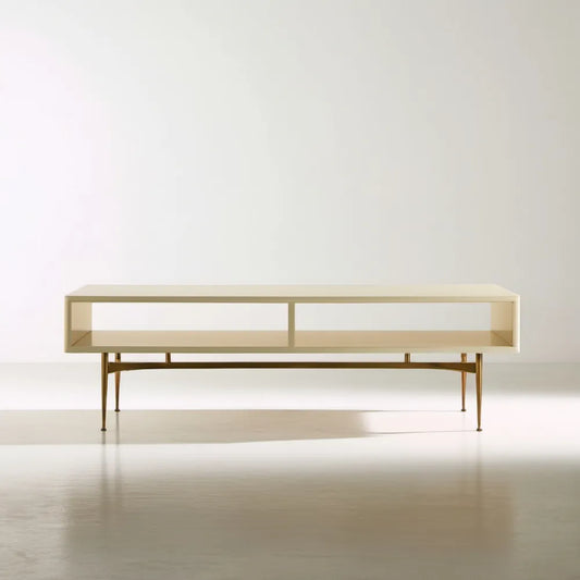 Prostokątny stolik kawowy kremowo-złoty z MDF i stali, 140 x 60 x 45 cm